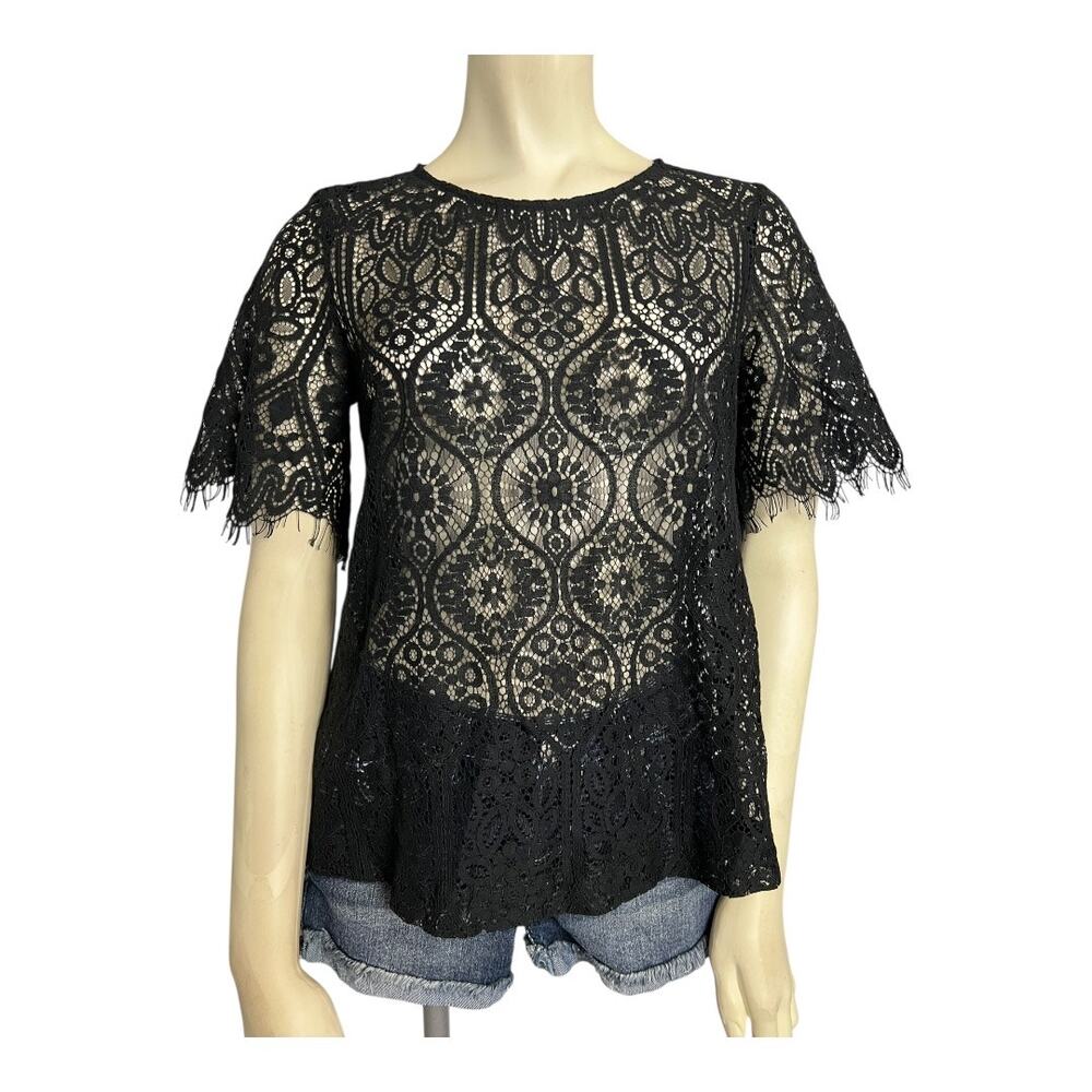 LOFT Lace Sheer Blouse Womens XSP Black Short Sleeve Crochet Boho Top Coquette